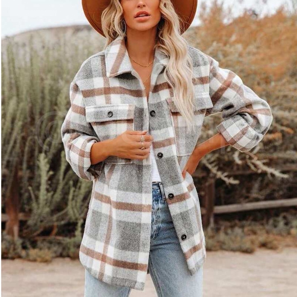 Plaid Oversized Shacket (Shirt / Jacket) White Grey Brown Long Sleeve & Pockets